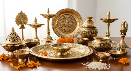 Extensive Collection of Ornate Traditional Indian Brass Pooja Items and Ritual Objects