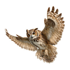 Fototapeta premium Owl in flight forest habitat wildlife daytime action isolated on transparent background