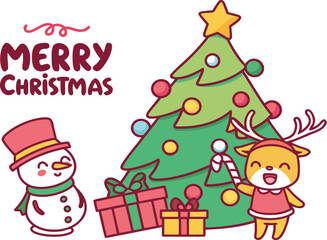 Festive Christmas Vector Illustration with Santa, Snowman, Tree, and Gifts