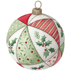 colorful Christmas ornament featuring festive patterns, including holly leaves, berries, and various decorative segments. ,watercolor clip art isolated on white background