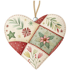 decorative heart-shaped ornament featuring floral and geometric patterns in festive colors, holiday decor. ,watercolor clip art isolated on white background
