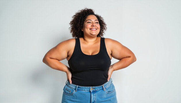 Portrait shows a proud plus size young woman with curly hair smiling in a studio shot with her hands on her hips against a light colored background, for depicting body positivity.