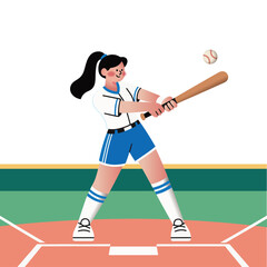 A cartoon vector sports girl playing baseball