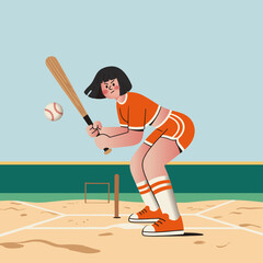 A cartoon vector sports girl playing baseball