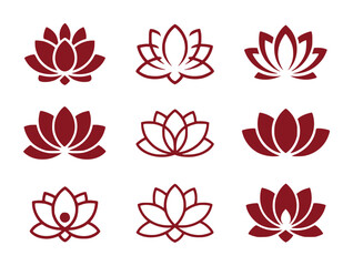 Collection of Nine Stylized Lotus Flower Icons in Deep Red