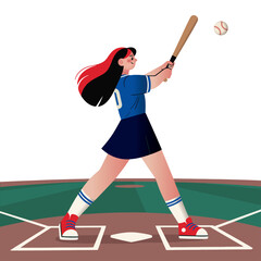 A cartoon vector sports girl playing baseball