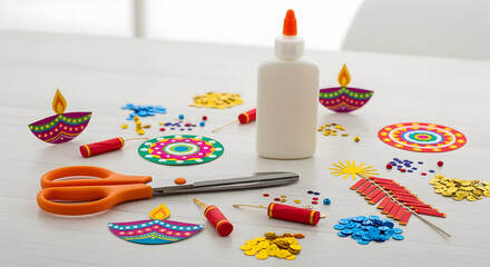 Craft table with colorful DIY materials: scissors, glue, glitter, and festive diya and firework cut-outs.