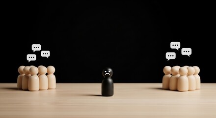 Mental health in the workplace, A wooden figure stands alone on a table, flanked by groups of lighter figures, feelings of isolation and social commentary.