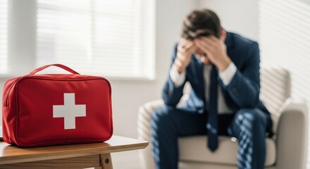 Mental health in the workplace, A man in a suit exhibits signs of stress while a red first aid kit sits on a table nearby, suggesting a focus on health and well-being.