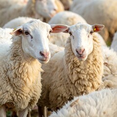 Obraz premium Close-up shot showcasing two sheep looking forward, surrounded by a herd. Soft focus suggests a natural, pastoral scene. The sheep have white wool and are illuminated by warm sunlight