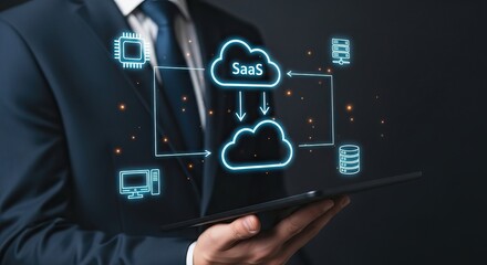 Saas business models, A professional holding a tablet displays cloud computing, illustrating Software as a Service (SaaS) and data flow between cloud systems.