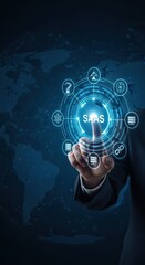 Saas business models, A professional hand interacts with SaaS technology on a dark world map background.