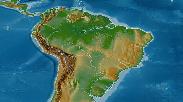 South America Topographic Map Animation: Geography, Borders, and Terrain Visualization