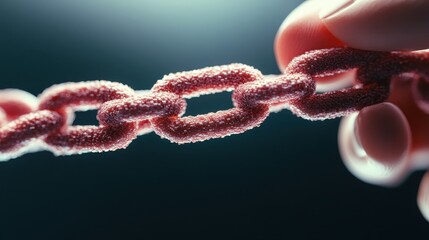 Fingers hold a strong linked chain, symbolizing secure financial technology and digital connections.