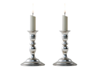 Elegant silver candle holders with white candles,isolated on a white background