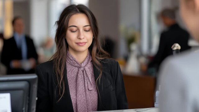 Beautiful female travel agent assists client with travel arrangements during business hours at an elegant travel agency