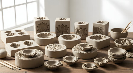 Collection of Unfired Clay Molds and Bowls with Intricate Lotus Flower Designs, Ready for Traditional Indian Crafting