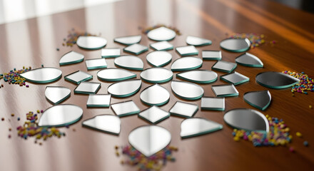 Decorative Small Mirrors and Colorful Beads Arranged on a Wooden Surface for Festive Embellishment or Craft Projects