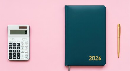 A teal planner for 2026, a calculator, and a gold pen on a pink background, organization and planning for the future.
