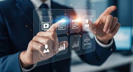 Virtual event planning, businessman interacts with a futuristic touchscreen icons related to productivity and communication in a digital workspace.