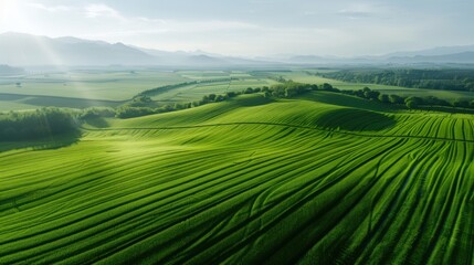 Fototapeta premium High Aerial Drone Shot Modern City Skyline Sunrise Golden Light Glass Skyscrapers Calm Blue Rivers Green Parks