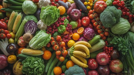 A vibrant display of fresh produce featuring a diverse assortment of fruits and vegetables together