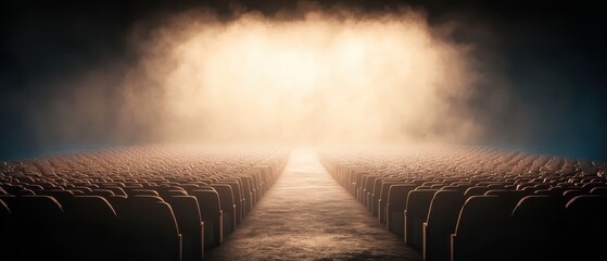 Endless rows of seats facing a bright, misty light representing futuristic financial technology and digital progress.