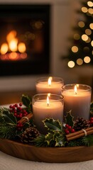 cozy holiday scene featuring three lit candles surrounded by pinecones, holly, and berries, with a softly glowing fireplace and a decorated tree in the background.