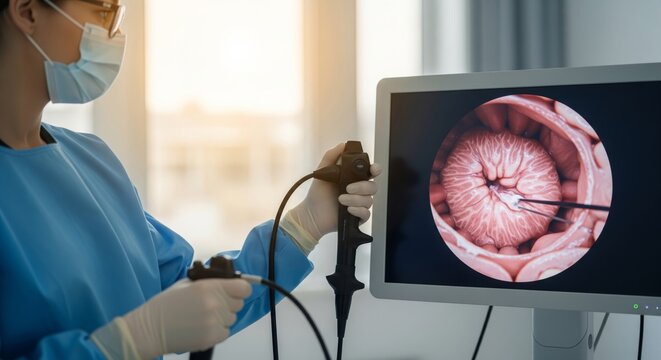 Doctor performing endoscopy with internal view monitor