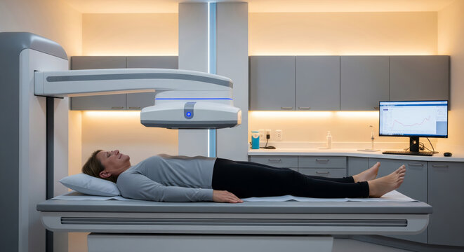 Patient undergoing bone density scan with DEXA machine