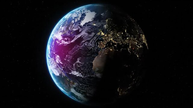Stunning Space View of Earth's Day-Night Cycle with Glowing City Lights and a Vibrant Purple Anomaly
