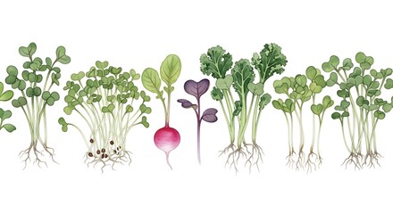 Watercolor Microgreens Assortment Radish Sprouts Healthy Greens Illustration Isolated