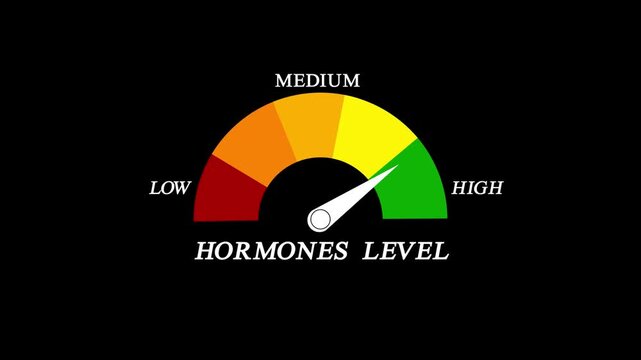 Hormone Level Gauge Animation Low to High Indicator.Hormones level measuring device animation.Hormone Deficiency text or word shown with a barometer or tachometer-style gauge.