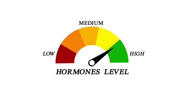 Hormone Level Gauge Animation Low to High Indicator.Hormones level measuring device animation.Hormone Deficiency text or word shown with a barometer or tachometer-style gauge.
