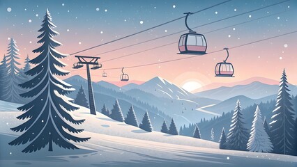 Minimal Winter Mountain Ski Lift Sunset Snow Pines Illustration Resort