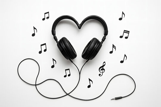 Headphones Forming Heart with Musical Notes on White Background