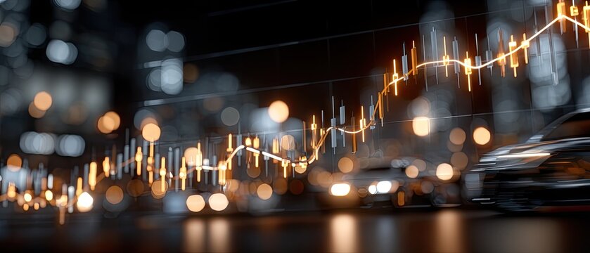 City skyline at night with glowing stock market data overlay and moving cars creating a dynamic urban atmosphere - Powered by Adobe
