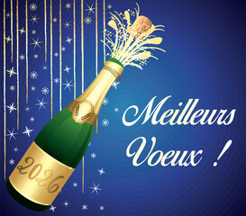 Meilleurs v&oelig;ux. Bonne ann&eacute;e 2026. Carte de v&oelig;ux bleue et or en fran&ccedil;ais. Illustration vectorielle. Fond festif.	