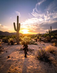 Desert landscape during sunset with a towering cactus in the foreground, other cacti and vegetation in the distance, under a partly cloudy sky