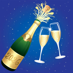 Champagne toast. Blue and gold Happy New Year 2026 or Congratulations Greeting card. Champaign bottle festive background. Vector illustration.	