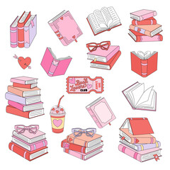 Stacks of Romantic Books Clipart Set, Cute Bookish V-Day Book Lover Club Retro Aesthetic Illustrations for T-Shirt Design, Scrapbooking and Stickers