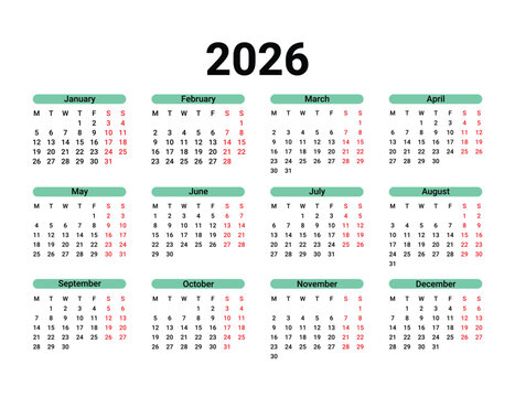 2026 Calendar With Colored Month Headers year grid On Transparent Background