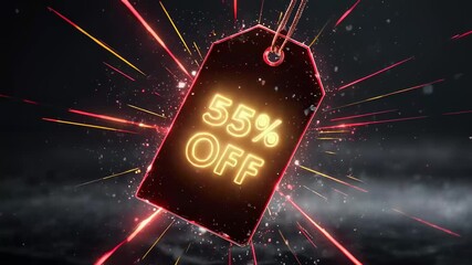 Glowing neon 55 percent off tag hanging with dynamic light streaks and particles exploding