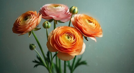 Vibrant orange and pink ranunculus flowers with delicate petals in a soft focus close-up studio shot