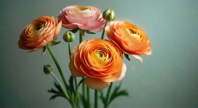 Vibrant orange and pink ranunculus flowers with delicate petals in a soft focus close-up studio shot