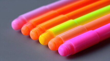 Group of six pens of different colors - pink, orange, yellow, green, and purple - arranged in a row on a gray background. the pens have a pointed tip and appear to be made of plastic.