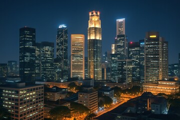 Illuminated Skyscrapers and Office Towers Glow Against Deep Blue Night Sky in Dense Urban Business District with Streetlights Below