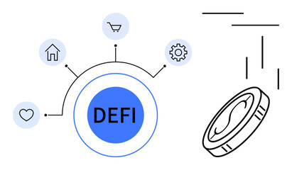 DeFi platform hub surrounded by icons for heart, house, shopping cart, and gear. Coin symbolizes digital currency. Ideal for blockchain technology, DeFi, crypto, innovation finance investment