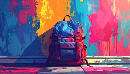Fototapeta premium Blue Backpack Against Vibrant Graffiti Wall