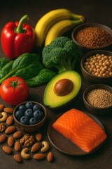Balanced Diet Spread Featuring Salmon Avocado Berries Nuts Vegetables and Legumes Arranged on Dark Table for Healthy Eating
